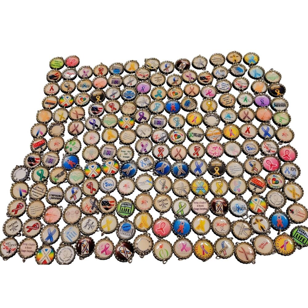183 Resin Bottle Caps Crafting Supplies Disease Awareness Ribbons, Split Rings